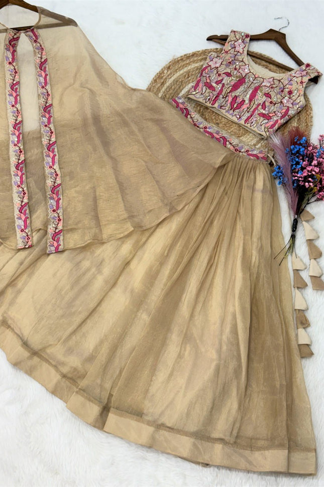 Fully - Stitched Sindur Silk Lehenga Choli With Shrug | Beads Embroidery Work - Rosepetals Luxe