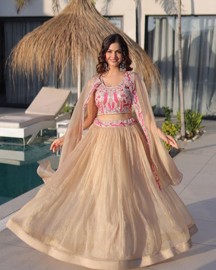 Fully - Stitched Sindur Silk Lehenga Choli With Shrug | Beads Embroidery Work - Rosepetals Luxe