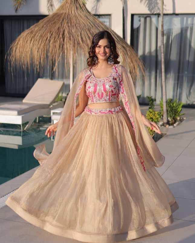 Fully - Stitched Sindur Silk Lehenga Choli With Shrug | Beads Embroidery Work - Rosepetals Luxe