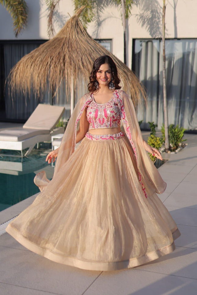 Fully - Stitched Sindur Silk Lehenga Choli With Shrug | Beads Embroidery Work - Rosepetals Luxe