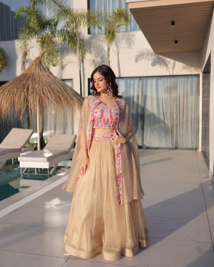 Fully - Stitched Sindur Silk Lehenga Choli With Shrug | Beads Embroidery Work - Rosepetals Luxe