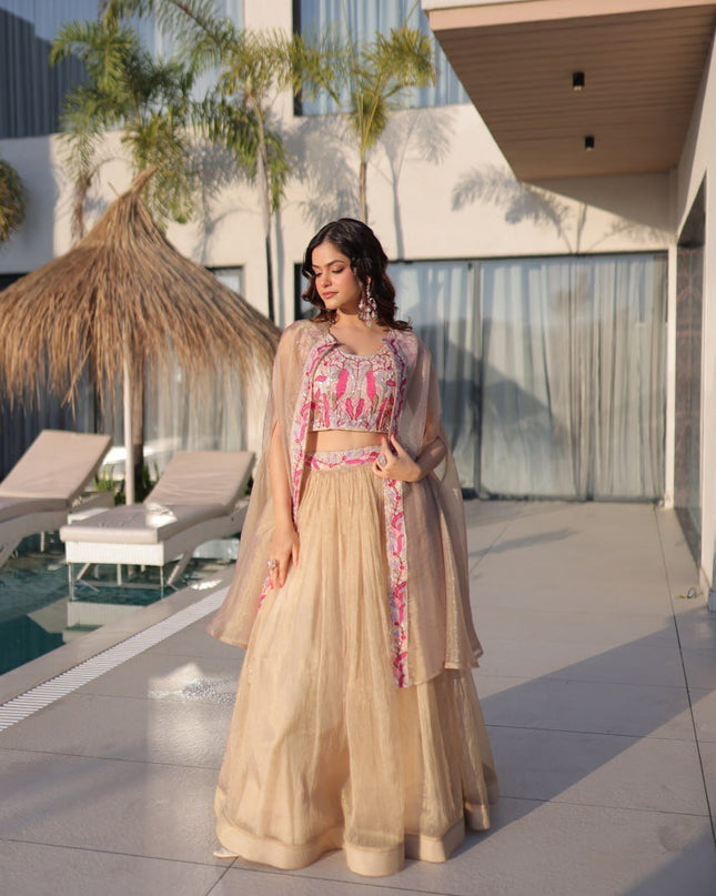 Fully - Stitched Sindur Silk Lehenga Choli With Shrug | Beads Embroidery Work - Rosepetals Luxe
