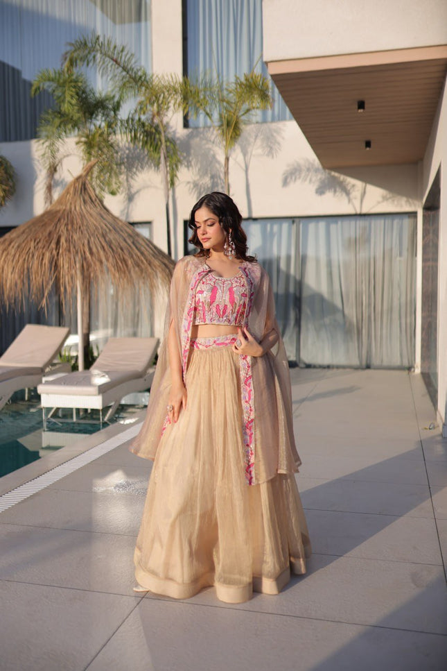 Fully - Stitched Sindur Silk Lehenga Choli With Shrug | Beads Embroidery Work - Rosepetals Luxe