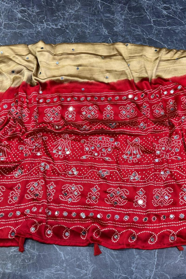 Gajji Silk Mirror Work Saree | Handcrafted Tassels & Rich Pallu | Festive & Garba Wear - Rosepetals Luxe