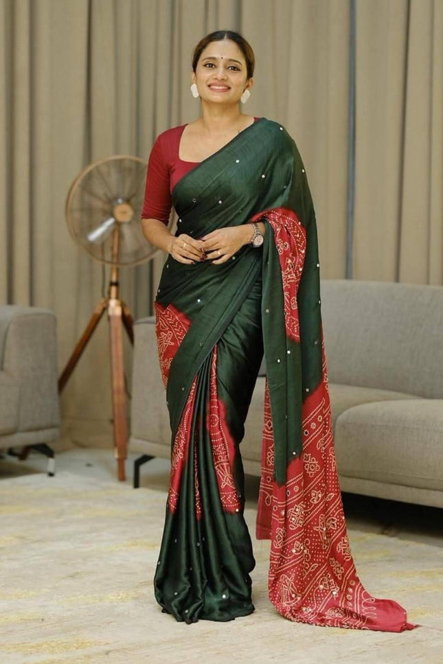 Gajji Silk Mirror Work Saree | Handcrafted Tassels & Rich Pallu | Festive & Garba Wear - Rosepetals Luxe