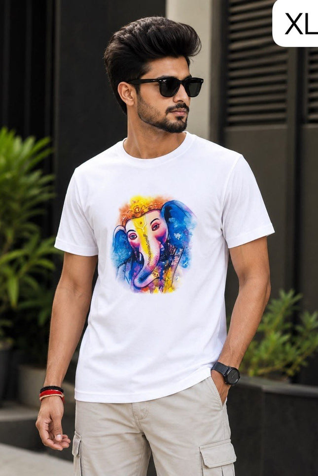 Ganpati Special Ganesha Printed Twill Cotton Half Sleeve T Shirt for Men Festive Casual Wear - Rosepetals Luxe