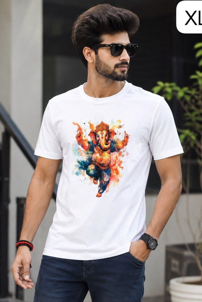 Ganpati Special Ganesha Printed Twill Cotton Half Sleeve T Shirt for Men Festive Casual Wear - Rosepetals Luxe