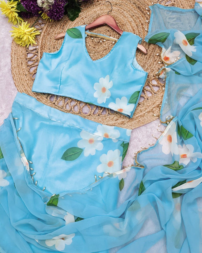 Georgette Digital Print Ruffle Drape Ready to Wear Lehenga Saree with Dupatta - Rosepetals Luxe