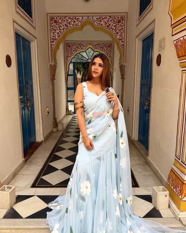 Georgette Digital Print Ruffle Drape Ready to Wear Lehenga Saree with Dupatta - Rosepetals Luxe