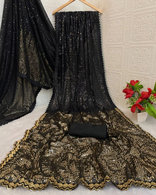 Georgette Embroidery Sequence Black Saree with Mono Silk Blouse Piece - Rosepetals Luxe