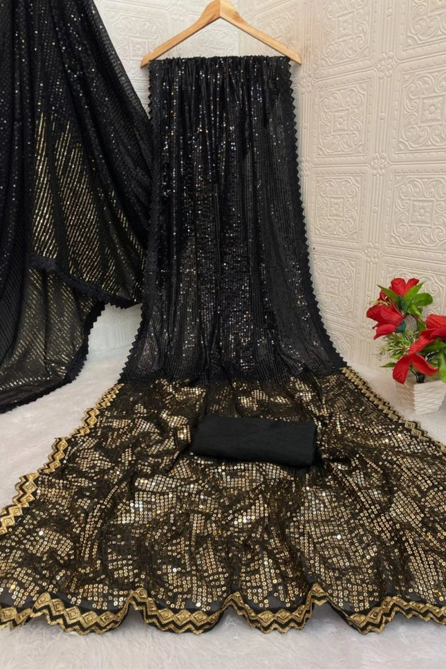 Georgette Embroidery Sequence Black Saree with Mono Silk Blouse Piece - Rosepetals Luxe