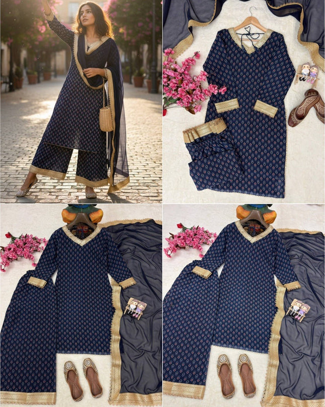 Georgette Printed Kurti Set With Fancy Lace Border | Perfect Blend of Tradition & Style - Rosepetals Luxe