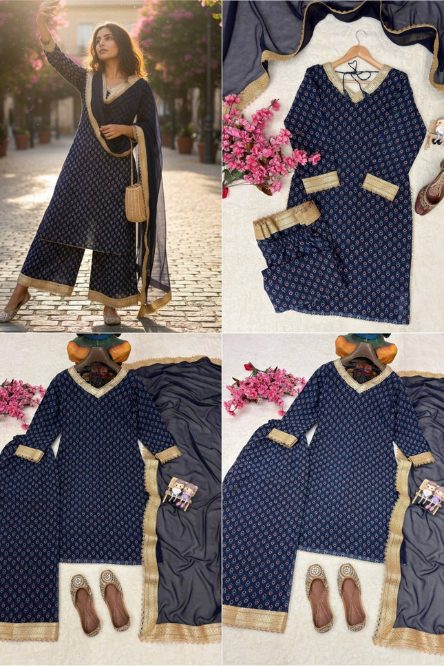 Georgette Printed Kurti Set With Fancy Lace Border | Perfect Blend of Tradition & Style - Rosepetals Luxe