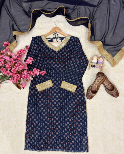 Georgette Printed Kurti Set With Fancy Lace Border | Perfect Blend of Tradition & Style - Rosepetals Luxe