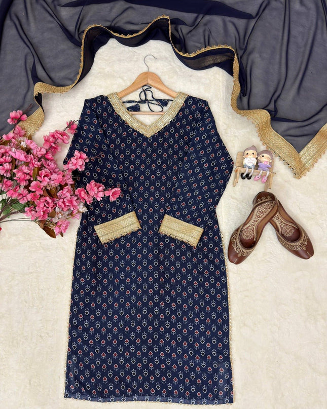 Georgette Printed Kurti Set With Fancy Lace Border | Perfect Blend of Tradition & Style - Rosepetals Luxe