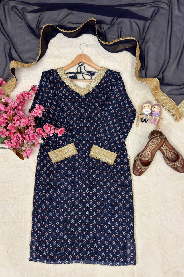 Georgette Printed Kurti Set With Fancy Lace Border | Perfect Blend of Tradition & Style - Rosepetals Luxe