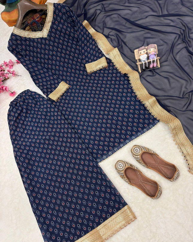 Georgette Printed Kurti Set With Fancy Lace Border | Perfect Blend of Tradition & Style - Rosepetals Luxe