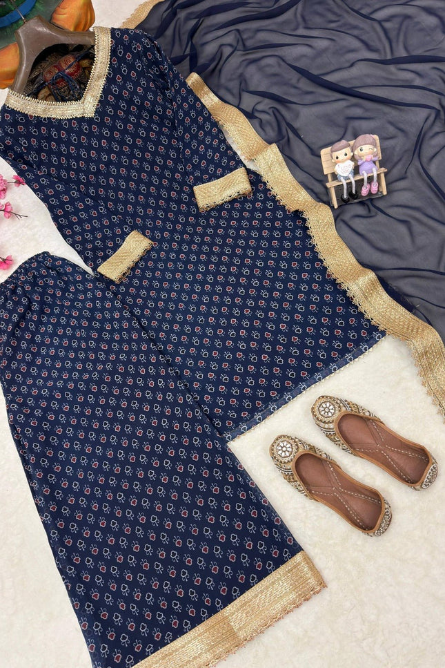 Georgette Printed Kurti Set With Fancy Lace Border | Perfect Blend of Tradition & Style - Rosepetals Luxe