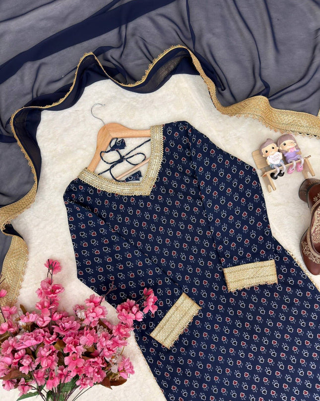 Georgette Printed Kurti Set With Fancy Lace Border | Perfect Blend of Tradition & Style - Rosepetals Luxe