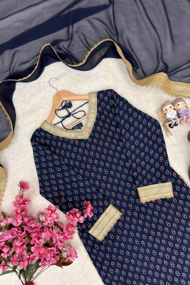 Georgette Printed Kurti Set With Fancy Lace Border | Perfect Blend of Tradition & Style - Rosepetals Luxe