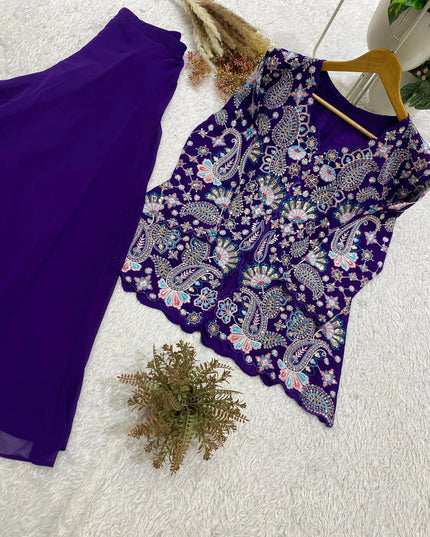 Georgette Top & Palazzo Set | Sequin Embroidery | Festive & Party Wear - Rosepetals Luxe
