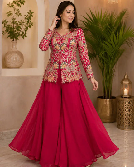 Georgette Top & Palazzo Set | Sequin Embroidery | Festive & Party Wear - Rosepetals Luxe