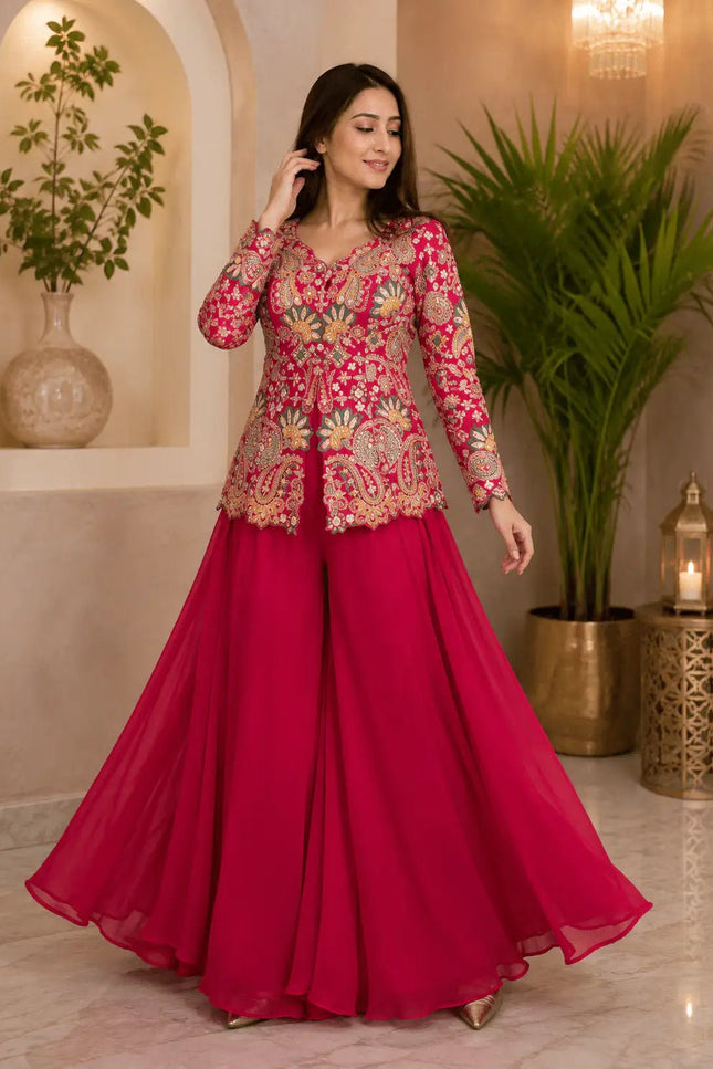 Georgette Top & Palazzo Set | Sequin Embroidery | Festive & Party Wear - Rosepetals Luxe