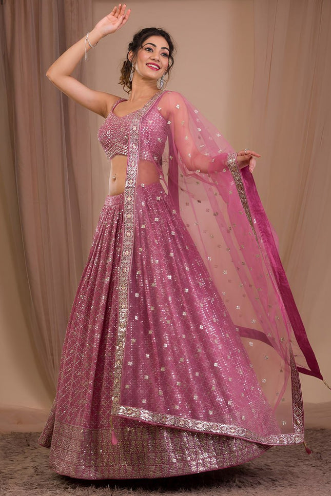 Georgette Zari & Sequins Embroidered Lehenga Set | Semi-Stitched with Net Dupatta - Rosepetals Luxe