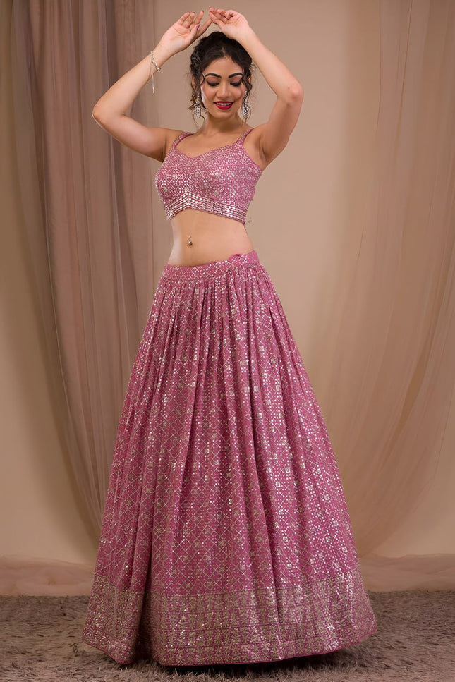 Georgette Zari & Sequins Embroidered Lehenga Set | Semi-Stitched with Net Dupatta - Rosepetals Luxe