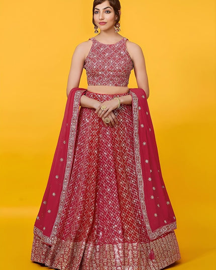 Georgette Zari & Sequins Embroidered Lehenga Set | Semi-Stitched with Net Dupatta - Rosepetals Luxe