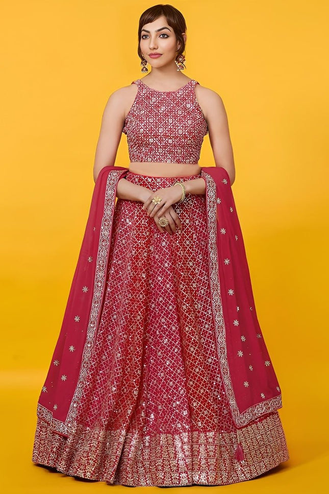 Georgette Zari & Sequins Embroidered Lehenga Set | Semi-Stitched with Net Dupatta - Rosepetals Luxe