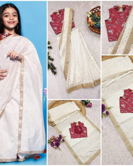 Girls Cotton Blend Woven Saree with Stitched Dola Silk Blouse | Ready to Wear | Ages 1–15 - Rosepetals Luxe