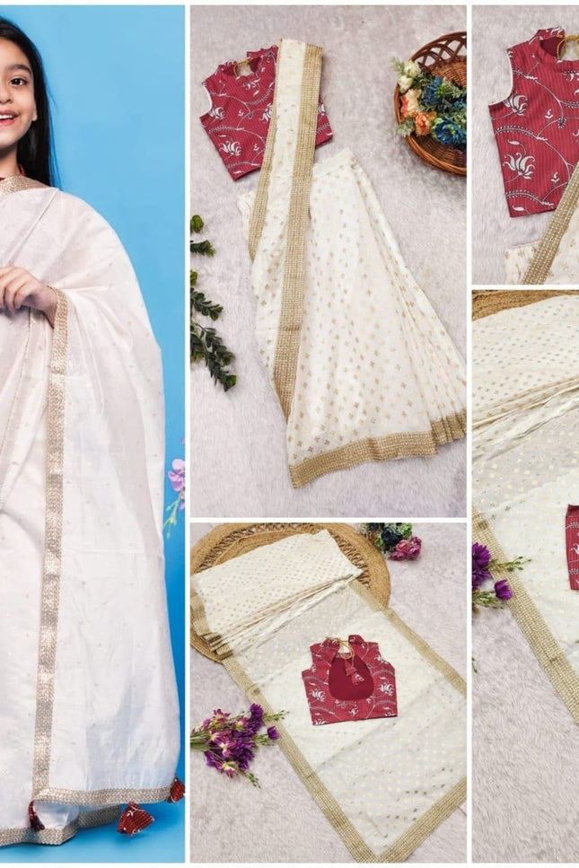 Girls Cotton Blend Woven Saree with Stitched Dola Silk Blouse | Ready to Wear | Ages 1–15 - Rosepetals Luxe