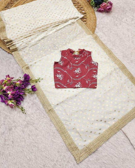 Girls Cotton Blend Woven Saree with Stitched Dola Silk Blouse | Ready to Wear | Ages 1–15 - Rosepetals Luxe