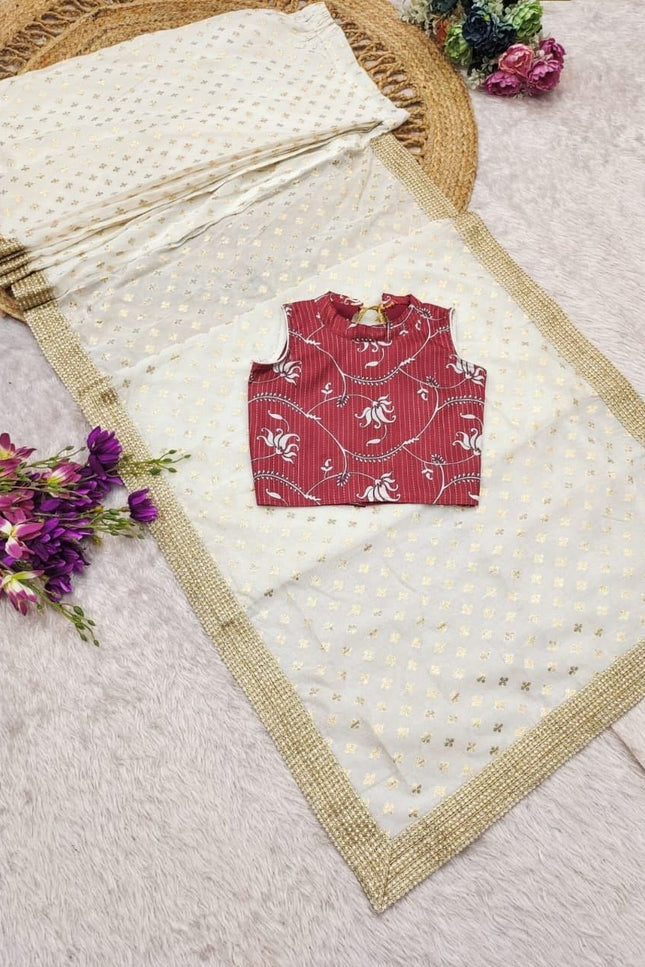 Girls Cotton Blend Woven Saree with Stitched Dola Silk Blouse | Ready to Wear | Ages 1–15 - Rosepetals Luxe