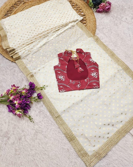 Girls Cotton Blend Woven Saree with Stitched Dola Silk Blouse | Ready to Wear | Ages 1–15 - Rosepetals Luxe