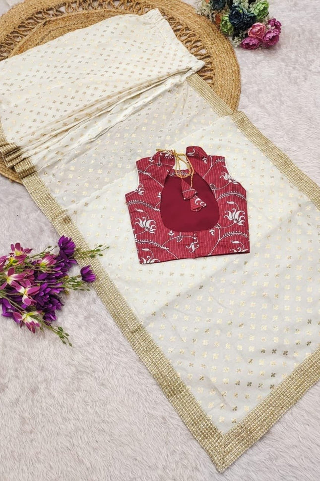 Girls Cotton Blend Woven Saree with Stitched Dola Silk Blouse | Ready to Wear | Ages 1–15 - Rosepetals Luxe