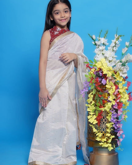 Girls Cotton Blend Woven Saree with Stitched Dola Silk Blouse | Ready to Wear | Ages 1–15 - Rosepetals Luxe