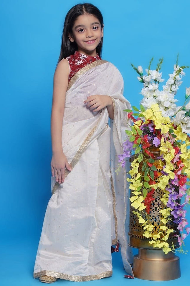 Girls Cotton Blend Woven Saree with Stitched Dola Silk Blouse | Ready to Wear | Ages 1–15 - Rosepetals Luxe