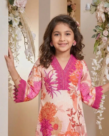 Girls Cotton Kurta & Dhoti Set | Floral Print | V-Neck Lace Trim | Festive Ethnic Wear - Rosepetals Luxe