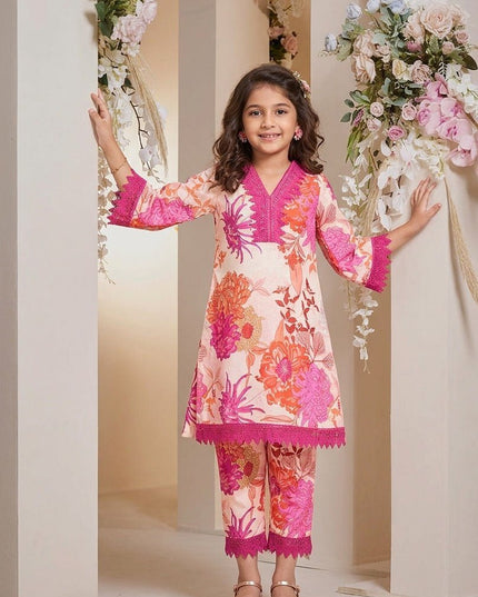 Girls Cotton Kurta & Dhoti Set | Floral Print | V-Neck Lace Trim | Festive Ethnic Wear - Rosepetals Luxe