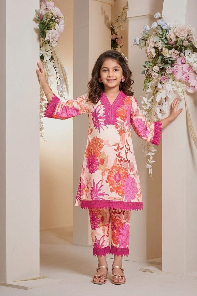 Girls Cotton Kurta & Dhoti Set | Floral Print | V-Neck Lace Trim | Festive Ethnic Wear - Rosepetals Luxe