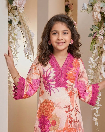 Girls Cotton Kurta & Dhoti Set | Floral Print | V-Neck Lace Trim | Festive Ethnic Wear - Rosepetals Luxe