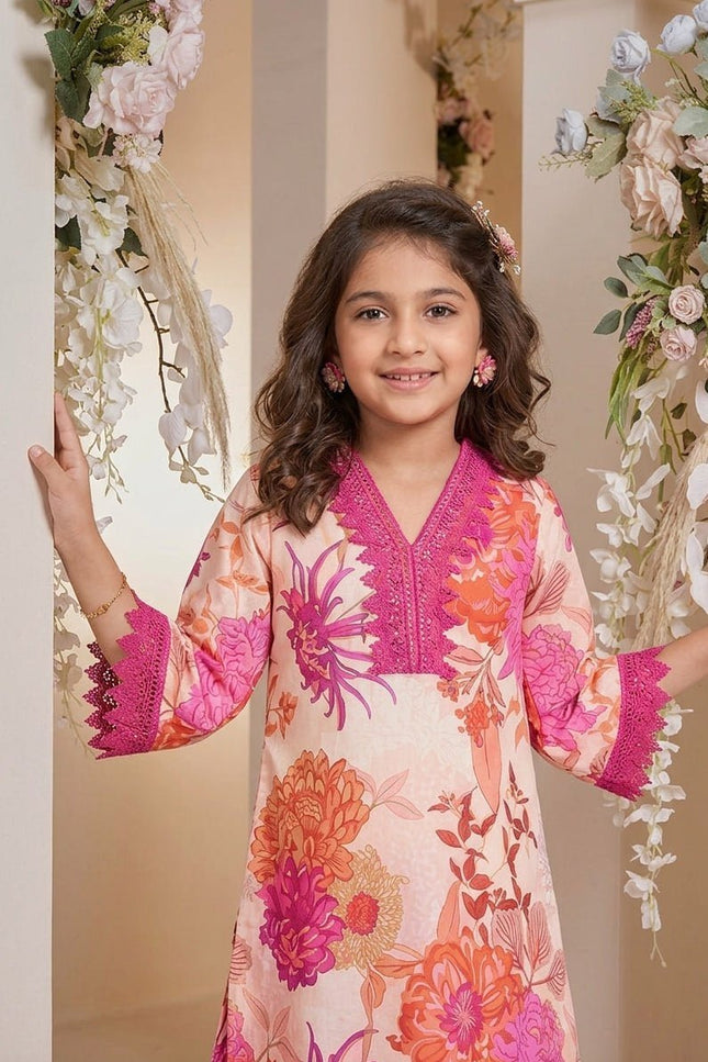 Girls Cotton Kurta & Dhoti Set | Floral Print | V-Neck Lace Trim | Festive Ethnic Wear - Rosepetals Luxe