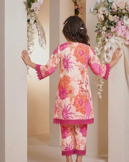 Girls Cotton Kurta & Dhoti Set | Floral Print | V-Neck Lace Trim | Festive Ethnic Wear - Rosepetals Luxe