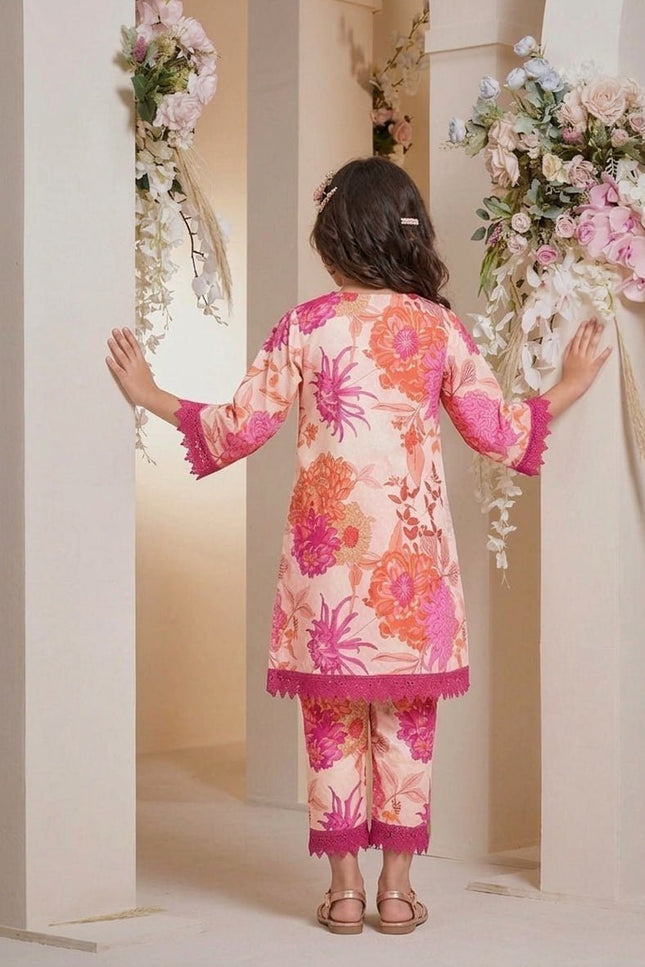 Girls Cotton Kurta & Dhoti Set | Floral Print | V-Neck Lace Trim | Festive Ethnic Wear - Rosepetals Luxe