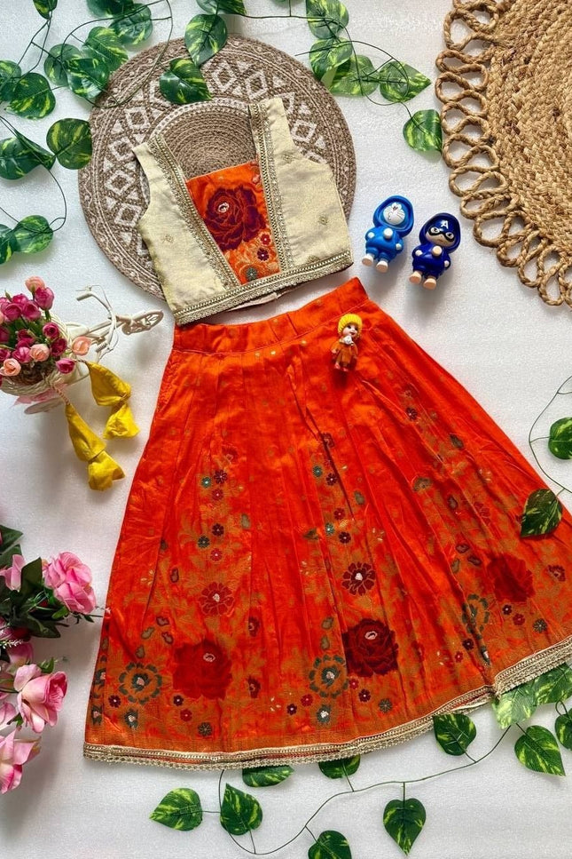 Girls Designer Viscose Dola Silk Embroidered Festive Lehenga Choli with Shimmer Tissue Blouse - Rosepetals Luxe