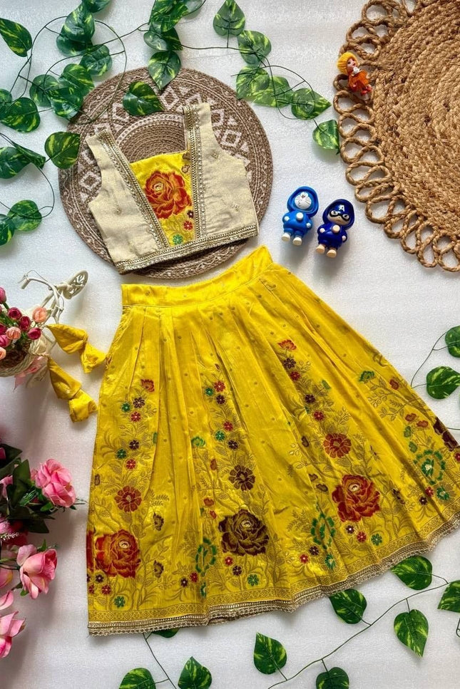 Girls Designer Viscose Dola Silk Embroidered Festive Lehenga Choli with Shimmer Tissue Blouse - Rosepetals Luxe