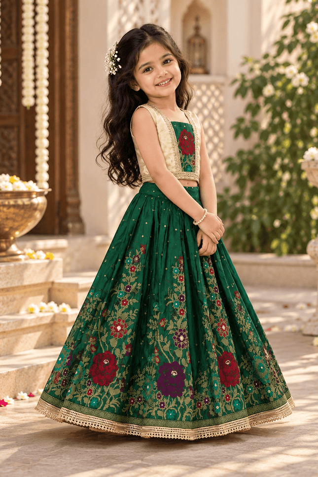 Girls Designer Viscose Dola Silk Embroidered Festive Lehenga Choli with Shimmer Tissue Blouse - Rosepetals Luxe