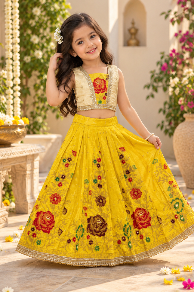 Girls Designer Viscose Dola Silk Embroidered Festive Lehenga Choli with Shimmer Tissue Blouse - Rosepetals Luxe